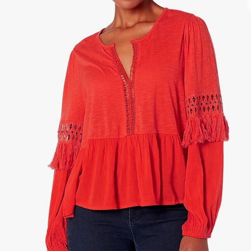 Lucky Brand Cutout Illusion Peasant Top Red Clay XS